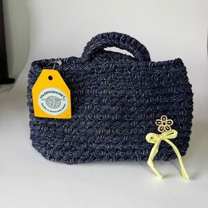 Valery Crochet Handbag, Handmade Blue Woven Bag With Flower‎ Accent